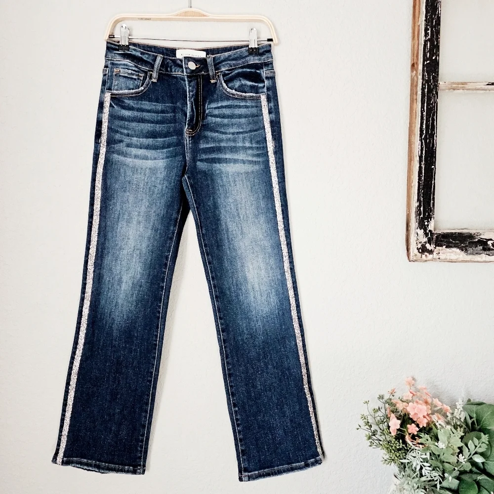 Risen High Rise Dark Wash Rhinestone Embellished Seam Straight Ankle Jeans 7/28 - Picture 4 of 13